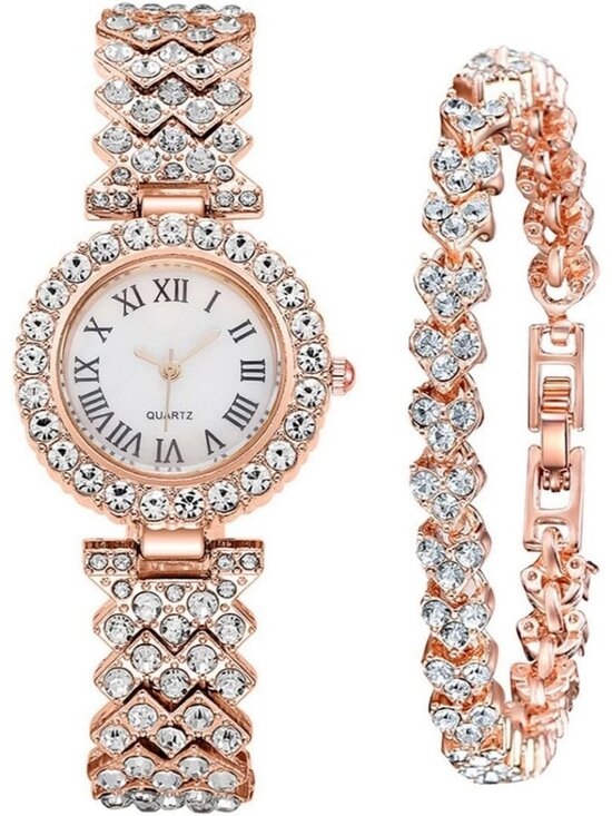 Women\'s Rose Gold Fashion Diamond Bangle Bracelet Set Luxury Round Wrist Watch